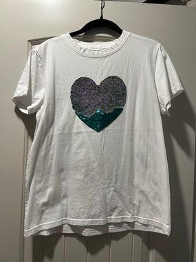 White Women's Sequin Heart Tee - Reversible Green/Purple Sequins